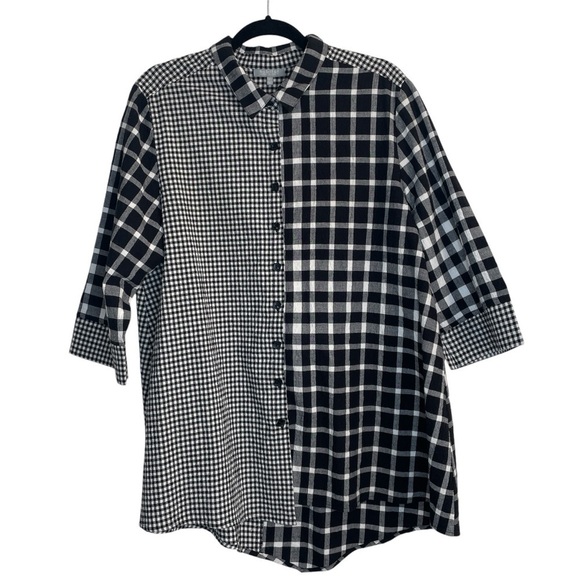 Habitat Black and White Checkered Button Tunic 3/4 Sleeve Asymmetric Hem Gingham - Picture 1 of 10